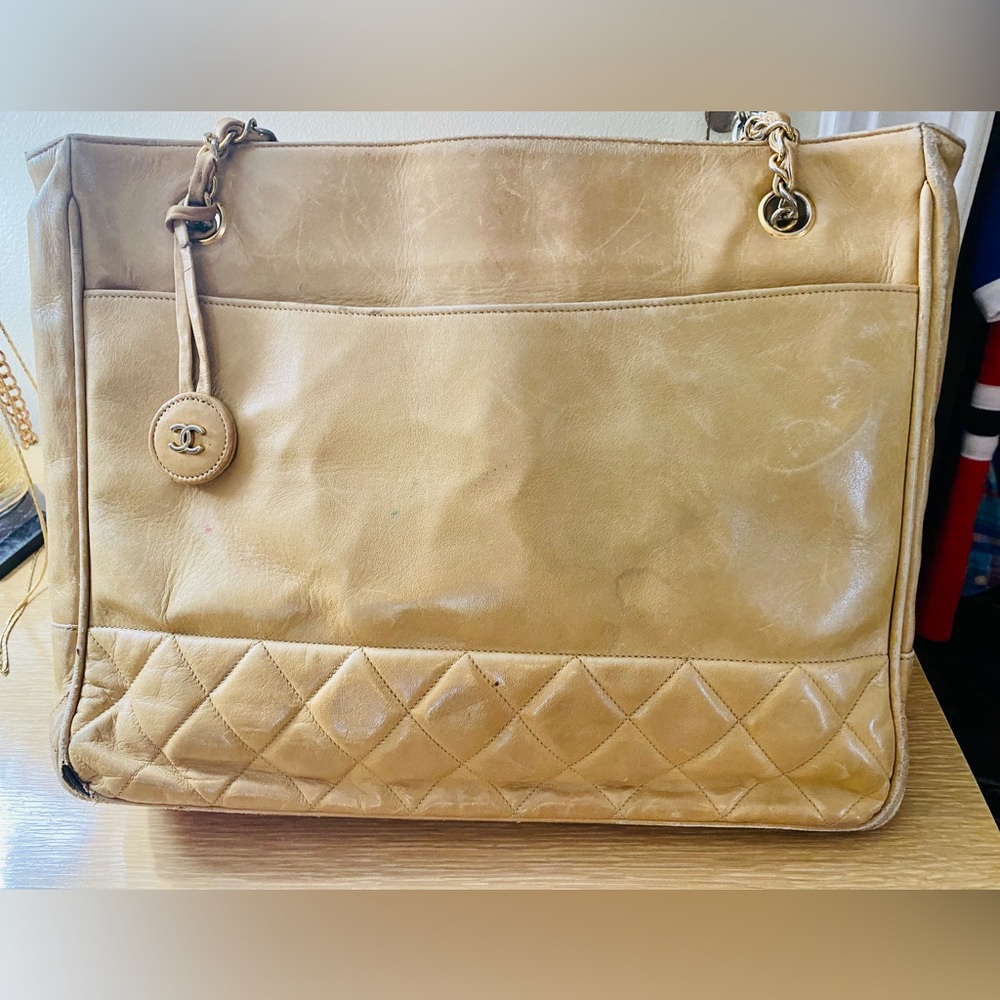CHANEL Beige Leather Chain Tote Bag